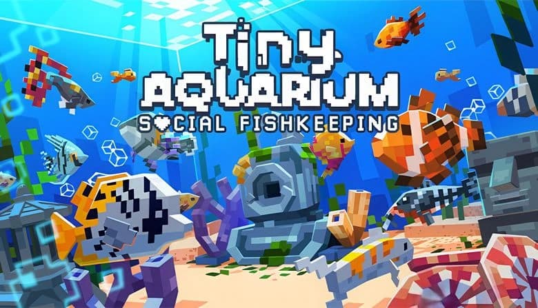 Voxel-style fish in vibrant colors swim in an underwater scene with coral, a stone diver sculpture, and Moai statues.