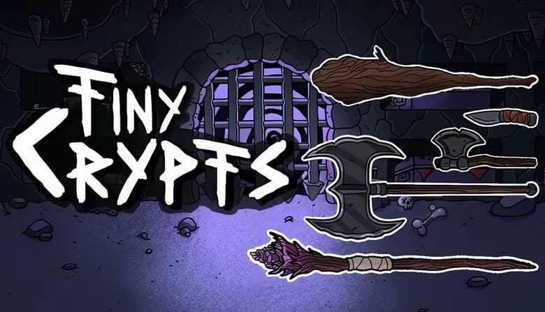 Tiny Crypts: Dungeon gate flanked by a large axe, sword, dagger, and staff; bones and rocks scattered on the cave floor.