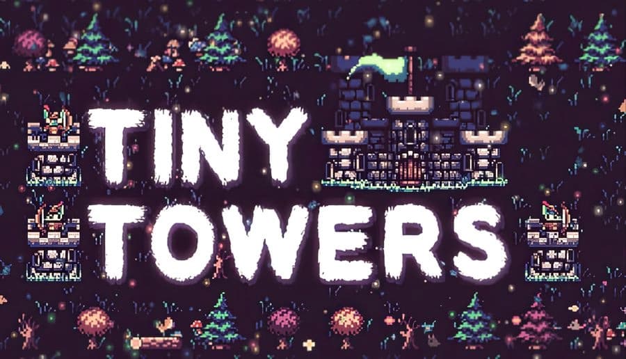 Tiny Towers: glowing white title over a pixel-art fortress with many towers, surrounded by dark forest at night.