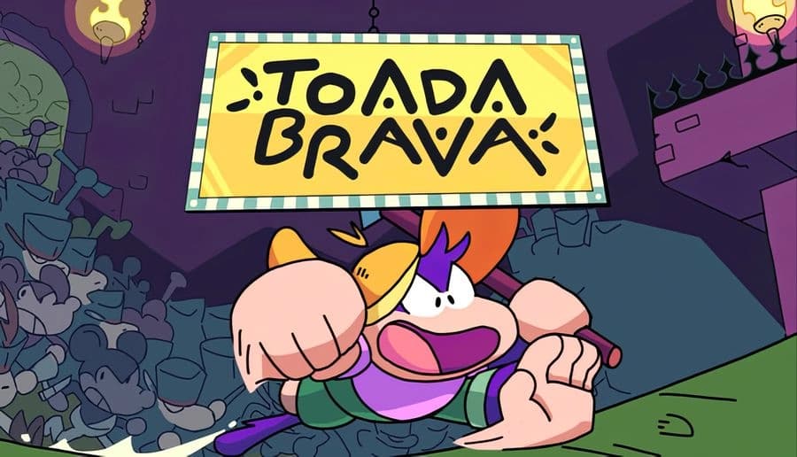 Toada Brava: purple-haired woman raises a clenched fist at a smirking man in fedora inside a stone dungeon corridor.