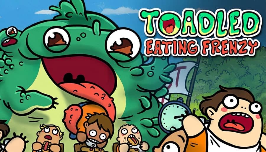 Toadled: Giant green toad with gaping mouth towers over frightened cartoon people on grassy field under blue sky.
