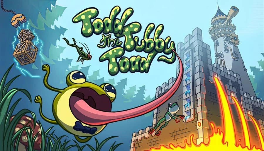 Todd The Tubby Toad: smiling cartoon toad shoots long tongue at hovering bug near tower with lava and plants below.