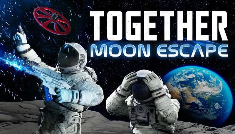 Together: Two astronauts on moon, one pointing laser gun skyward, other holding helmet. Earth visible in starry backdrop.
