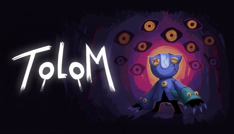 A blue anthropomorphic creature with button eyes, stitches, and claws stands in a dark forest. Surrounded by mysterious eyes.