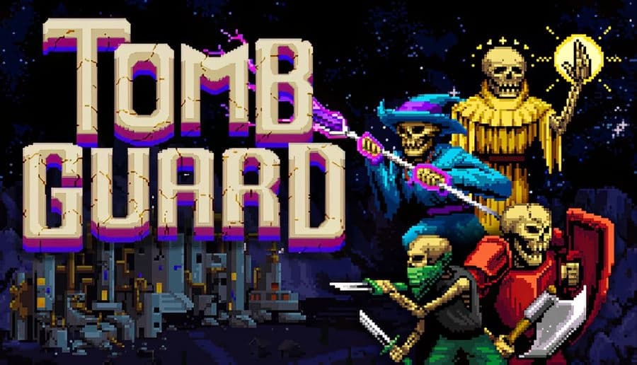 Tomb Guard: Skeleton warriors with sword, shield, and staff march past torches in a dark stone tomb corridor.