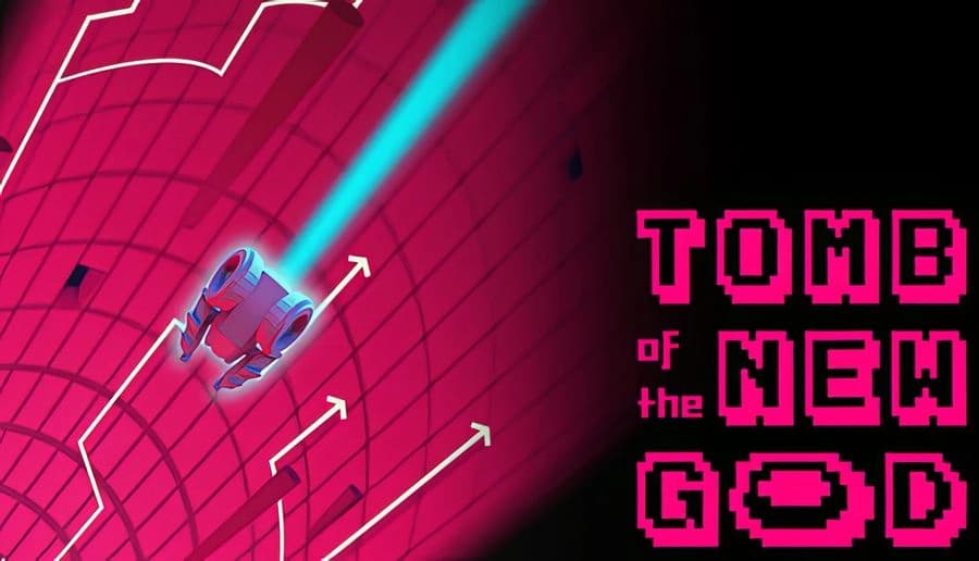 Tomb of the New God: Blue glowing cube hits white arrows in pink grid tunnel, with zigzag lightning on left edge.
