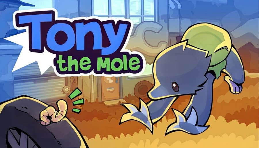 Tony The Mole: mole in green cap leans forward, holding a book while worm pops up from soil in cozy burrow room.