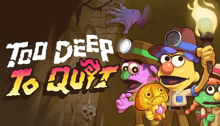 Too Deep To Quit: cartoon miner man holds torch and gold idol with two companions in a dark cave with skulls.