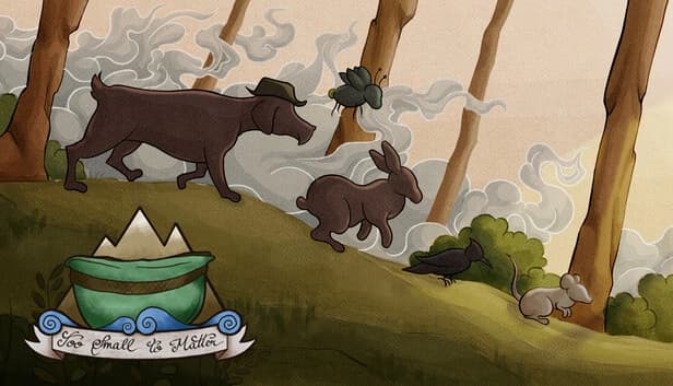A dog in a hat runs with a rabbit, crow, mouse, and flying creature through a forest, smoke swirling.