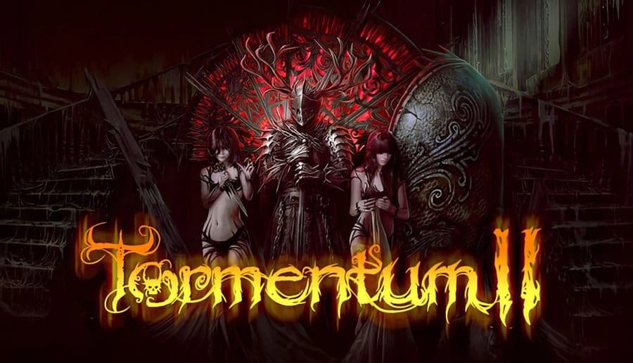 Tormentum II: armored demon king flanked by two pale women before a carved stone gate and red thorny backdrop.