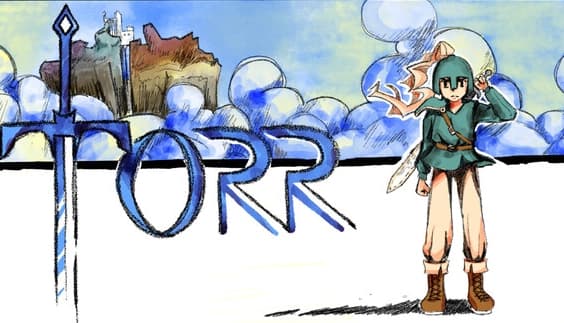 TORR: Green-haired young woman in teal tunic and brown boots stands beside large sword under blue clouds.