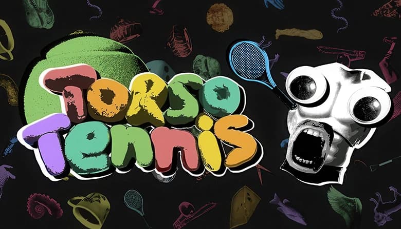 A surreal white torso face with wide-open mouth and large eyes, surrounded by colorful sports objects, including rackets.