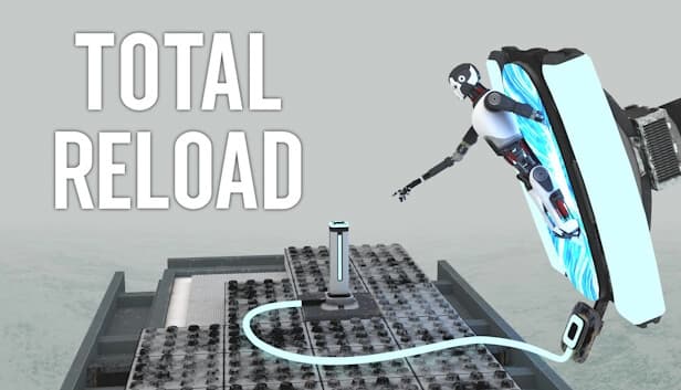 A robot extends its arm from a glowing portal on a metal arm, reaching for a button with a wire connected to the portal.