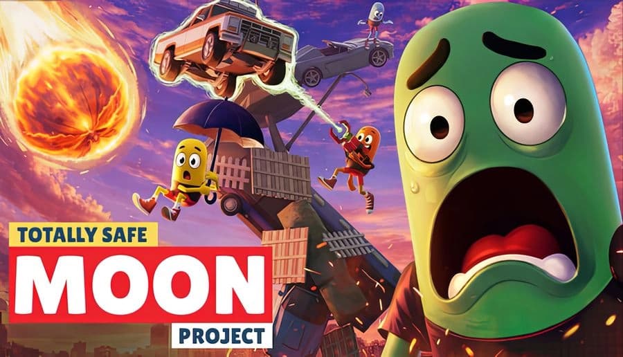 Totally Safe Moon Project: terrified green alien close-up as tiny astronauts stack junk tower under asteroids in sky.