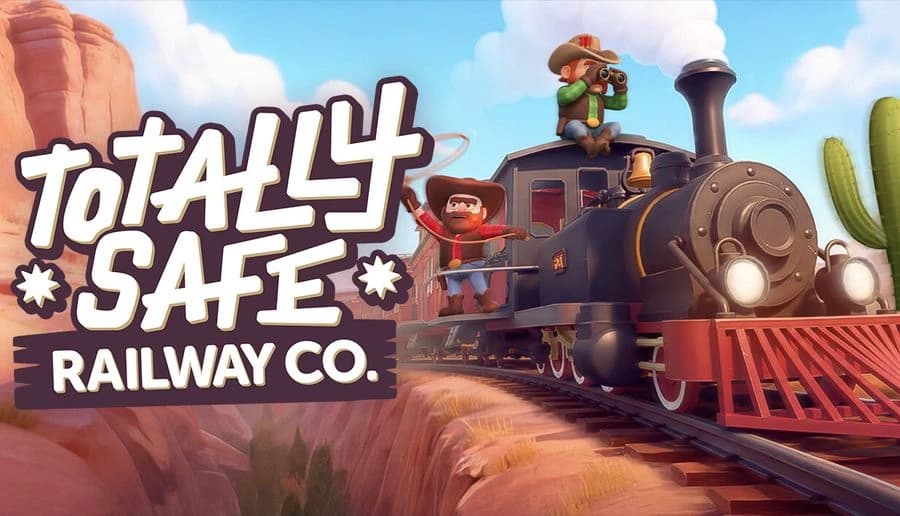 Totally Safe Railway Co. 🚂: Two cowboys on a steam locomotive rounding a desert canyon bend with tall cactus nearby.