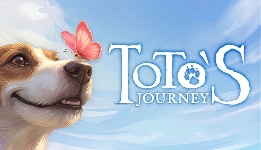 Toto’s Journey: close-up dog with red butterfly on nose under bright blue sky with soft clouds backdrop.