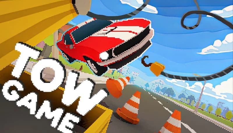 Tow Game: Red muscle car suspended by crane hook above curved road with orange cones, set against a bright blue sky.