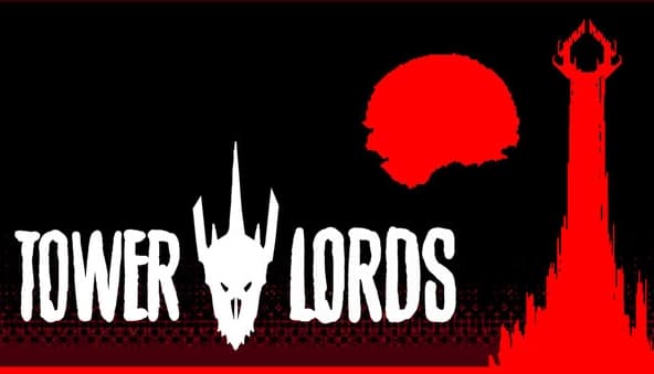 Tower Lords: Red skull silhouette on black, with a tall black tower against a bold red sun in the background.