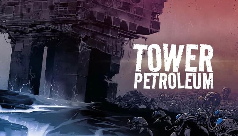 Tower Petroleum: Massive tower looms over dark landscape with ominous creatures crawling in foreground, sky tinged red.