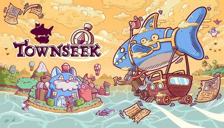 Townseek: Airship shaped like shark sails over vibrant coastal town with colorful buildings, hot air balloons, and trees.