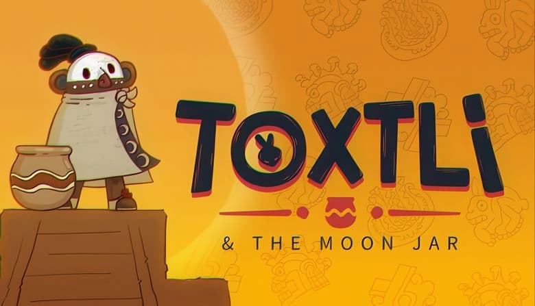 Toxtli & The Moon Jar: Young figure with mask stands on stone platform beside magic jar, against orange backdrop with symbols.