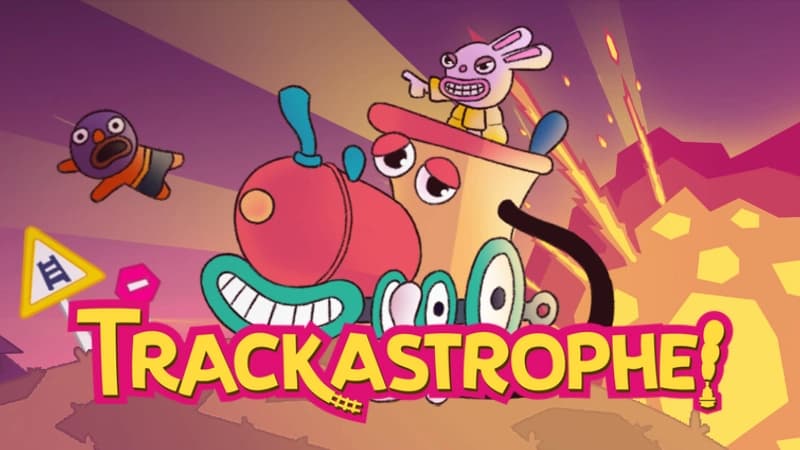 A pink grinning bunny rides a lively, smiling train. An explosion occurs, a figure flies nearby.