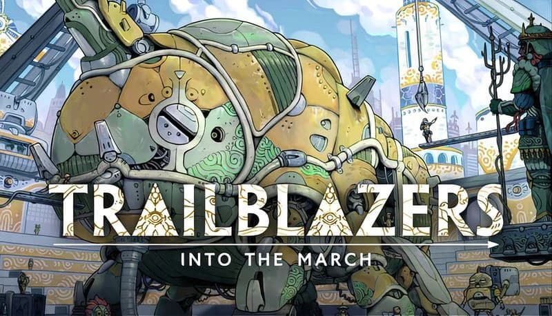 Trailblazers: Giant mech leads characters in futuristic city with ornate buildings and trident-carrying figure in foreground.