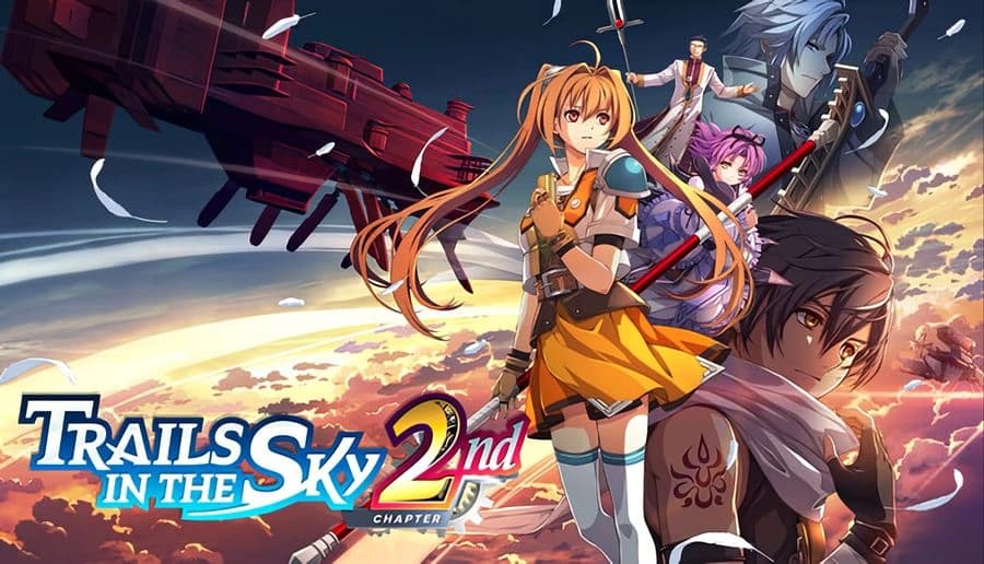 Trails in the Sky 2nd Chapter: young woman with staff and allies on airship deck under cloudy sunset sky.
