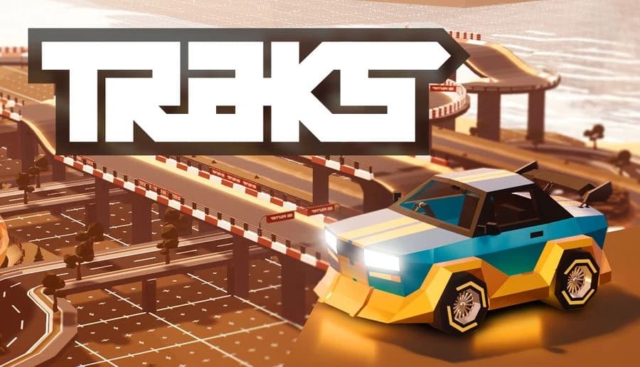 Traks: Blue and yellow rally car drifting on elevated stunt track with ramps, curves, and support beams at sunset.