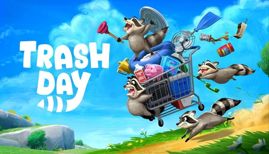 Trash Day: Four raccoons ride a shopping cart stuffed with trash, flying downhill along a grassy forest path.