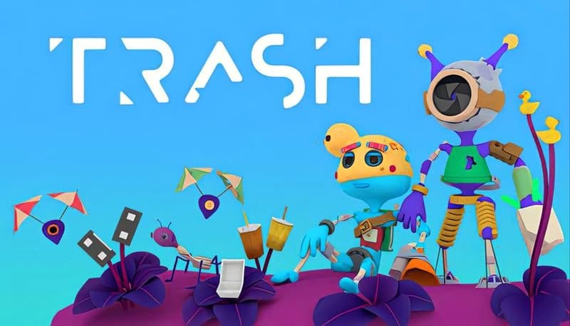 Trash: Colorful robot and creature stand on purple hill with paper planes, flowers, and cups under bright blue sky.