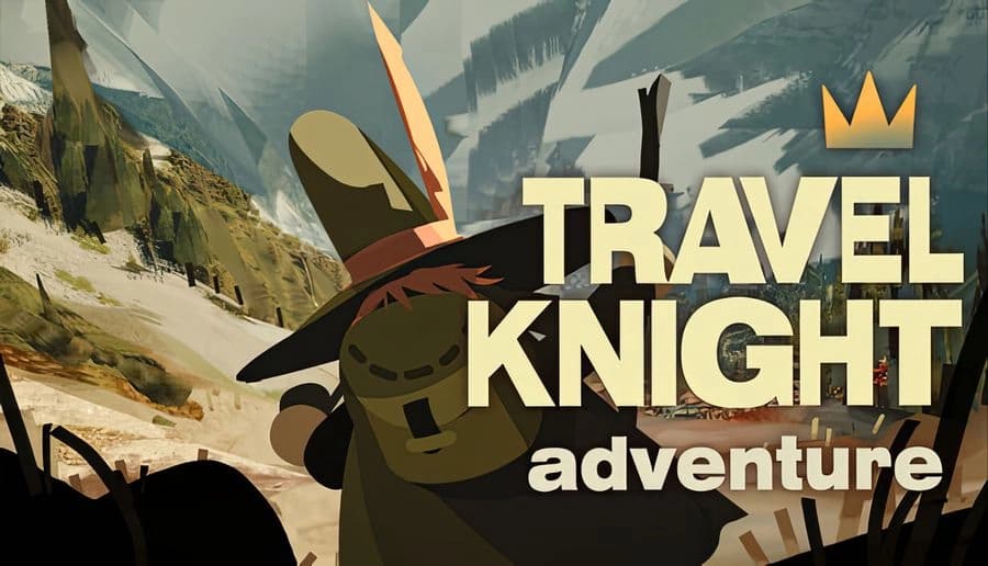 Travel Knight Adventure: armored knight in wide-brim hat holds sword and rifle on dusty battlefield with smoke clouds.
