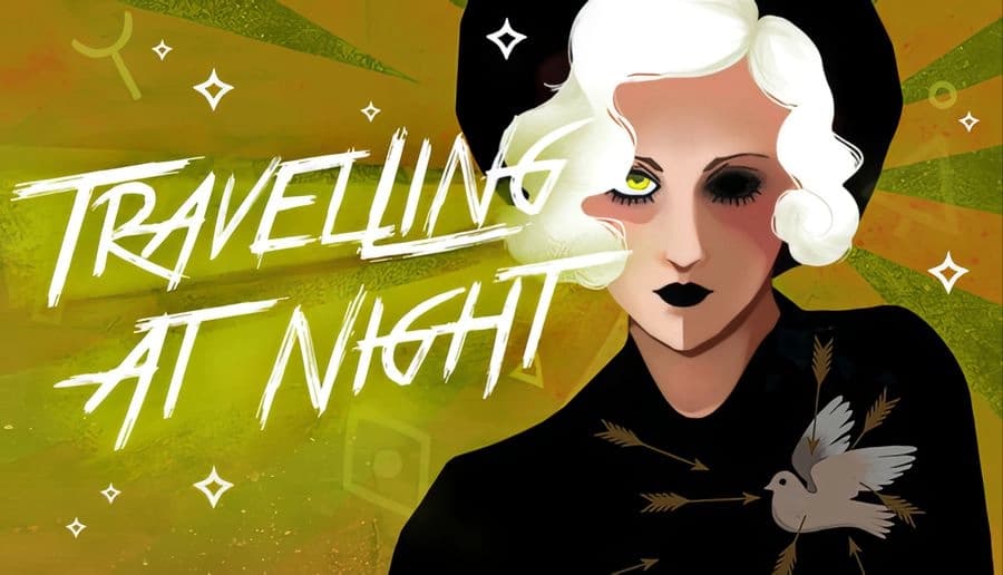 Travelling At Night: pale woman with white hair and black lipstick, one green eye, on green backdrop with bird.