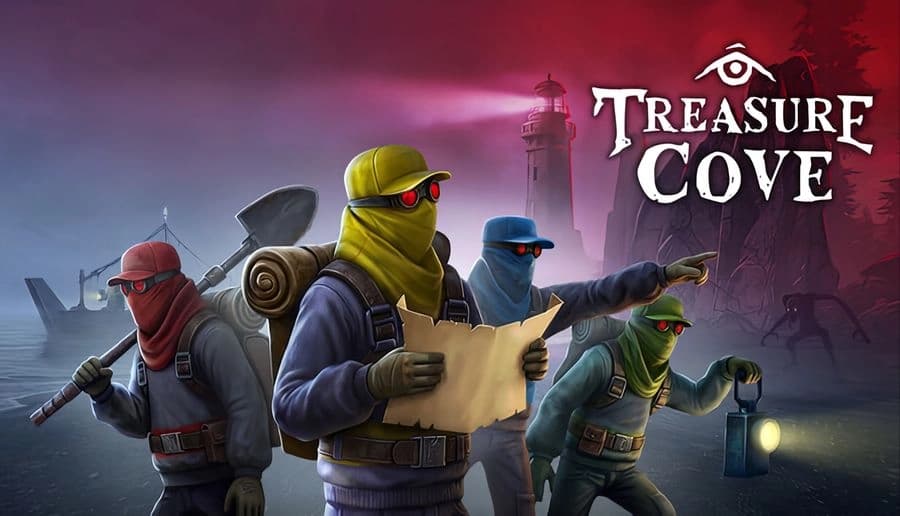 Treasure Cove: four masked men with rifles study a map and point ahead on a foggy shoreline with shipwrecks.