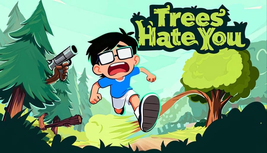 Trees Hate You: Scared young man running as a revolver hangs from a tree branch in a bright cartoon forest.