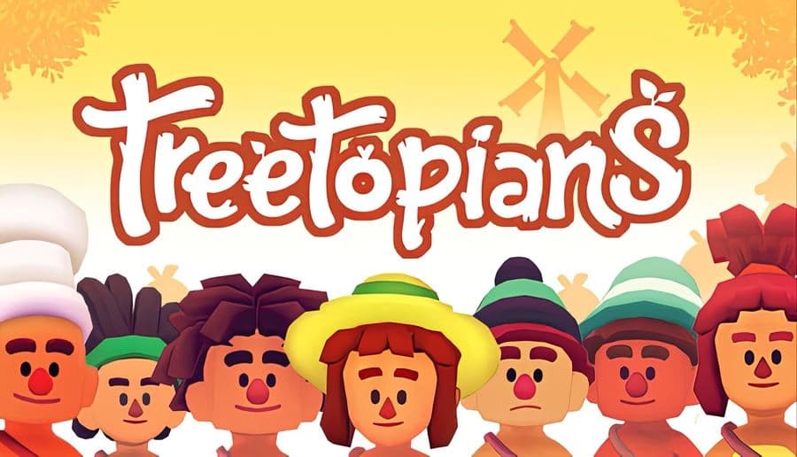 Treetopians: Smiling villagers in colorful hats line up shoulder to shoulder Warm sunrise sky with trees and hills behind.