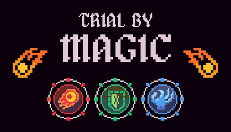 Trial By Magic: Three pixelated orbs with fire, shield, water symbols, two flaming comet icons on dark background.