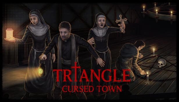 Triangle: Three people, including two nuns, hold lanterns and a cross in a dark, candlelit room. Skull and candles on floor.