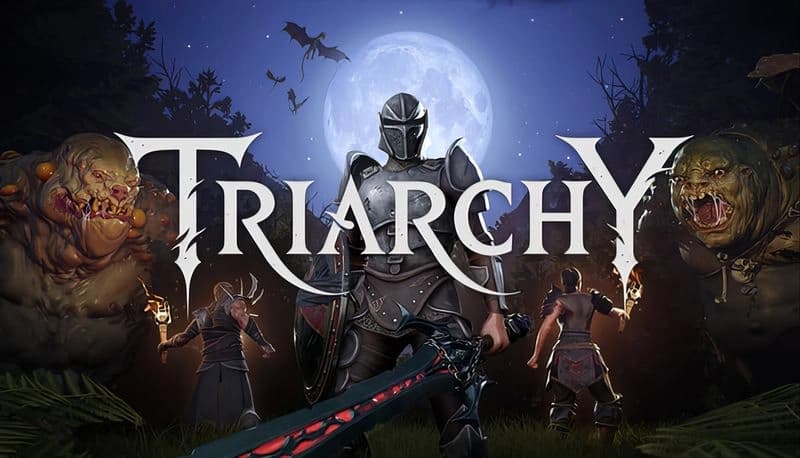 Triarchy: Armored knight with glowing sword faces creatures, flanked by fighters under full moon in dark forest.
