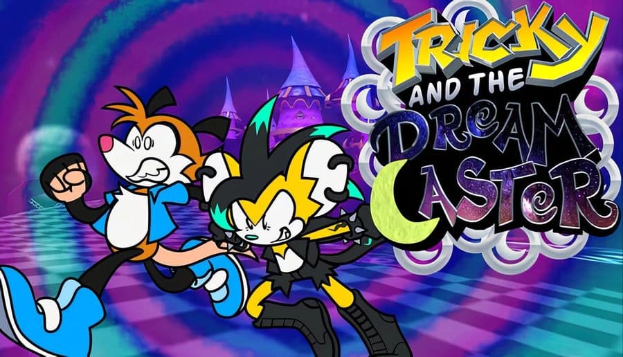 Tricky and the Dream Caster: cartoon orange critter waves and grins beside title on blue spiral backdrop.