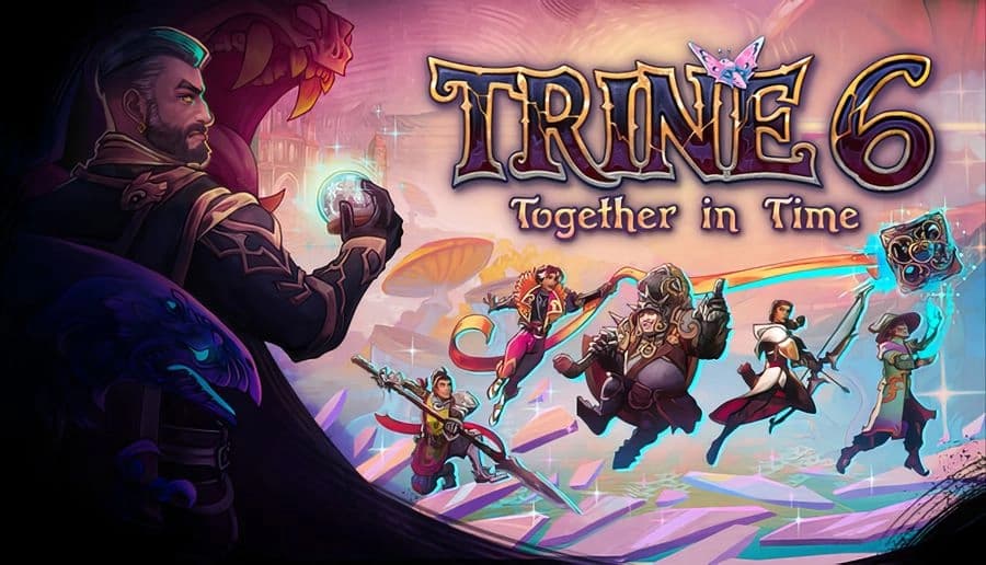 Trine 6: Bearded wizard holds glowing orb as three heroes battle shadow beasts on a crumbling stone bridge at dusk.