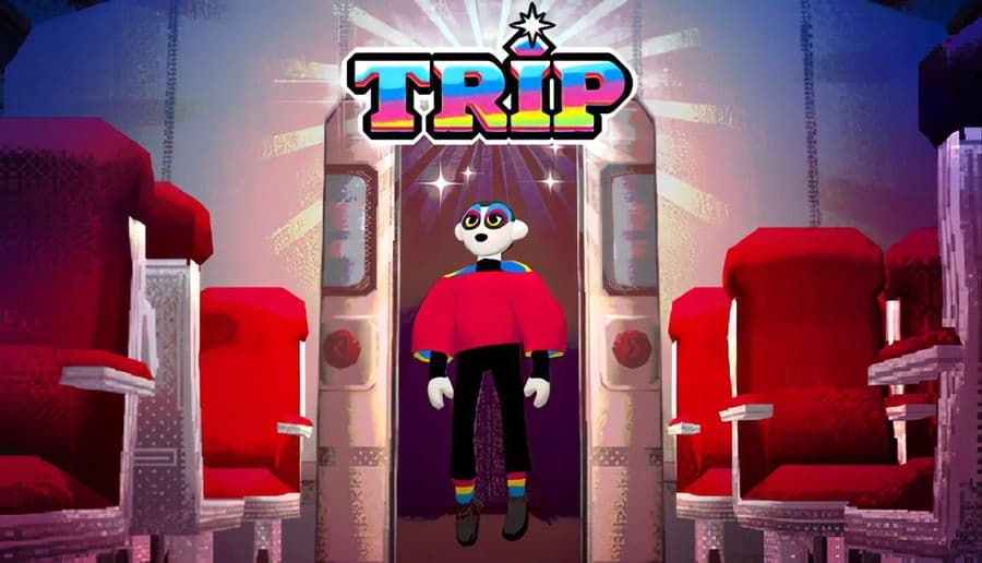 TRIP: Pixel art skeleton in red sweater stands in train doorway between red seats inside retro railcar corridor.