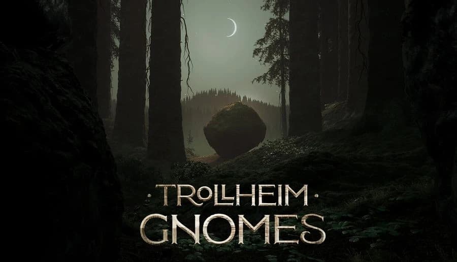 TROLLHEIM: Large boulder floats above a dark forest path with tall pines, distant hills, and crescent moon sky.