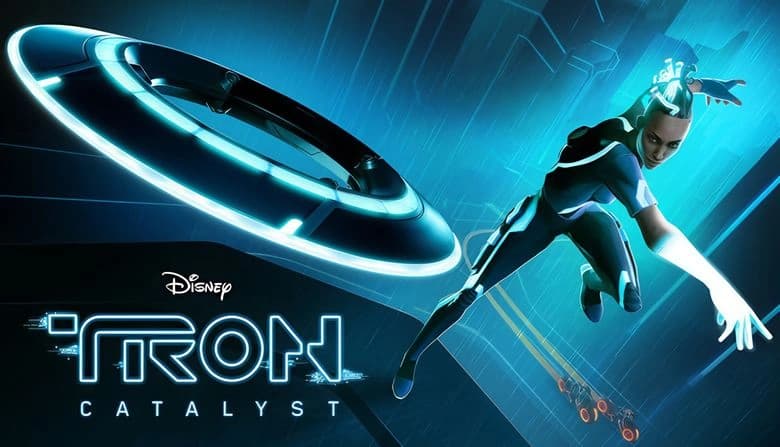 Woman in futuristic suit throws a glowing disc while two Tron bikes with orange trails race through a digital cityscape.