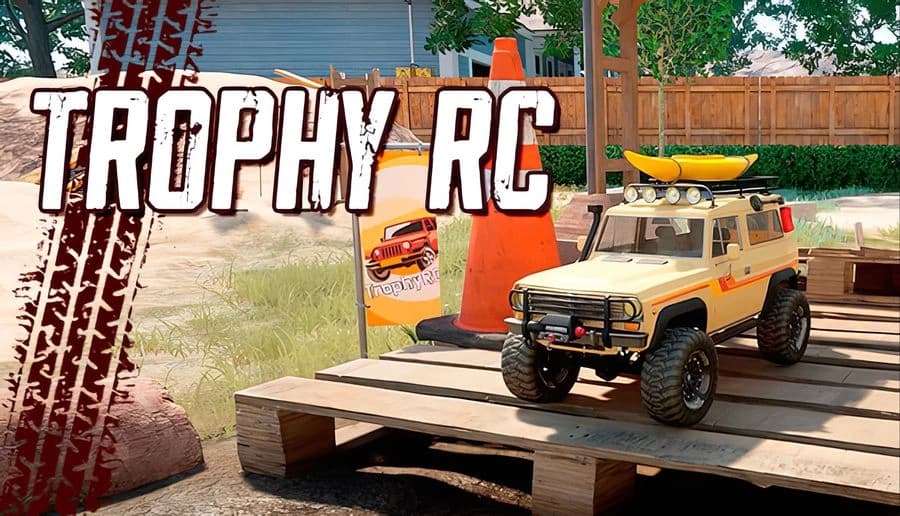TrophyRC: Beige off-road RC crawler climbs a wooden ramp beside traffic cones and barbed-wire fence in yard.