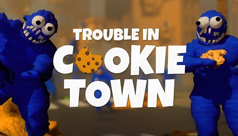 Two blue humanoid monsters with large eyes and goofy grins stand, one holding a cookie, against a blurred urban backdrop.