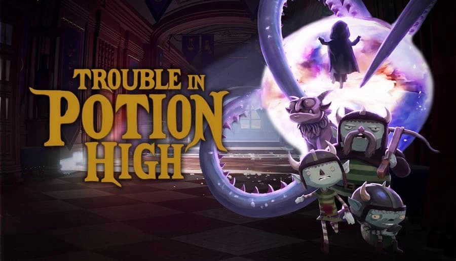 Trouble in Potion High: three green goblin students recoil as purple portal swirls in a dark school hallway doorway.