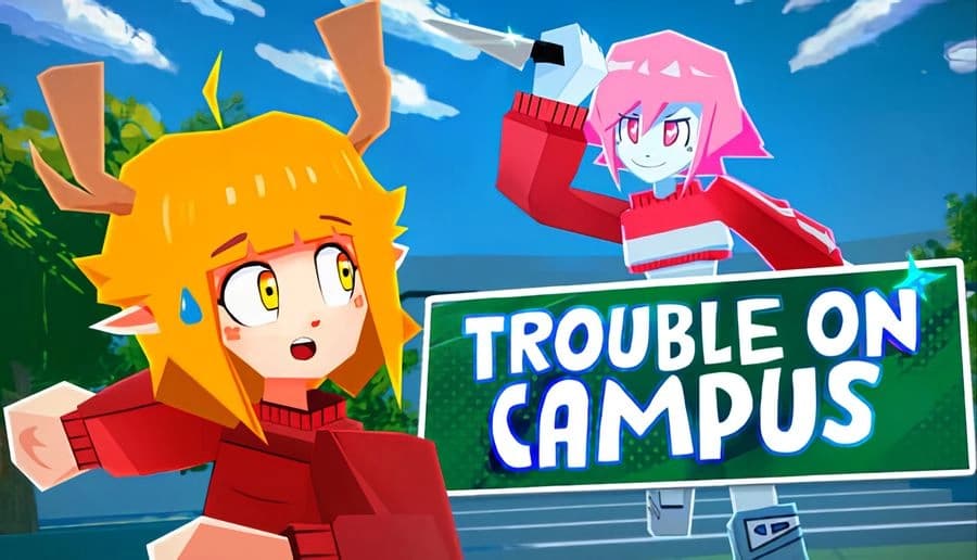 Trouble on Campus: anime-style student with antler headband looks shocked as pink-haired girl holds knife near sign outdoors.