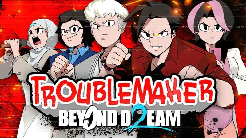 Troublemaker 2: Five teens, 2 boys, 3 girls, stand ready for action against fiery red backdrop; 1 girl sings karaoke.