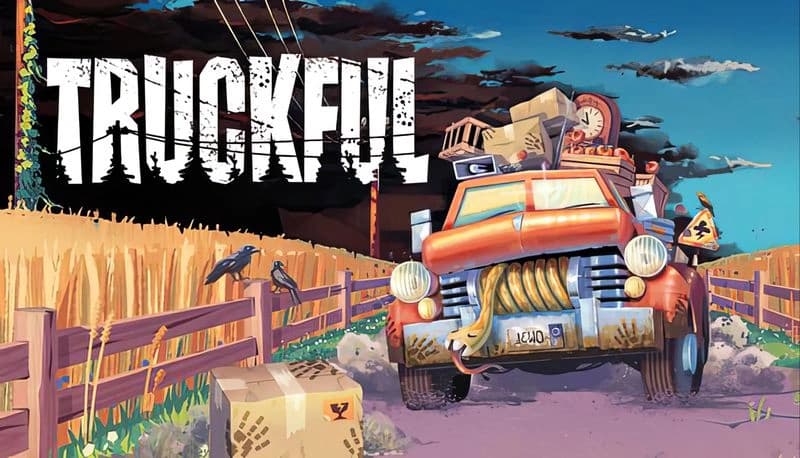 Truckful: An overloaded red truck drives down a dusty road past wheat fields, with crows perched nearby and packed boxes strewn.